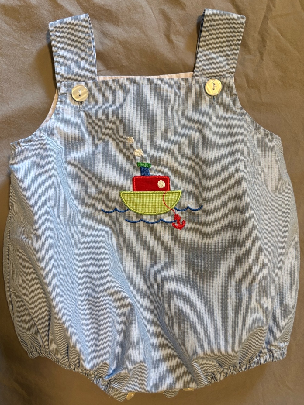 Petit Bebe 6M Blue Linen Bubble Romper with Embroidered Boat